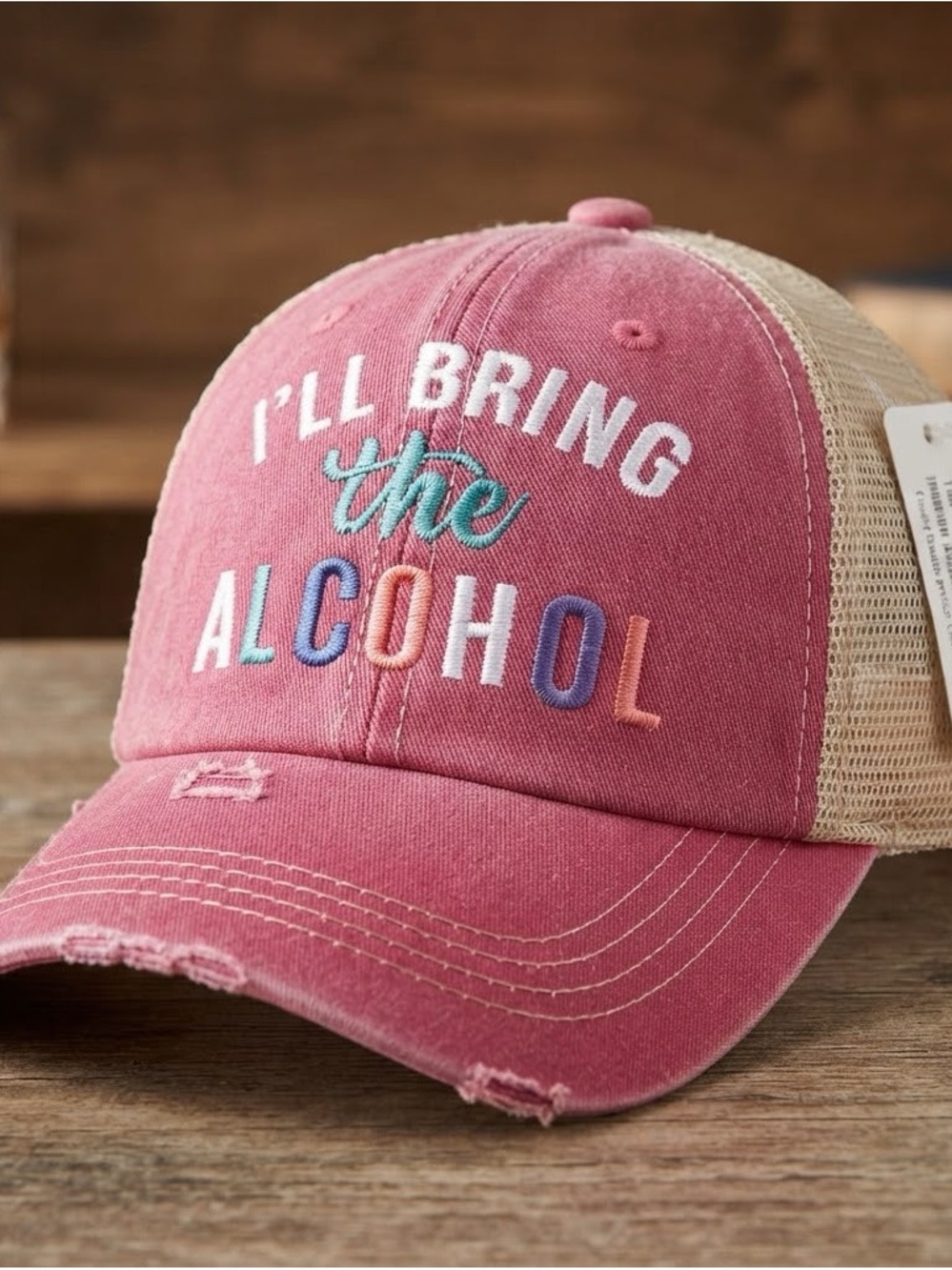 Katydid Pink Distressed Mesh-Back Cap with Multicolor Embroidery